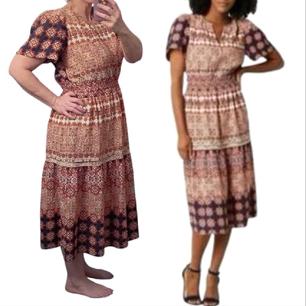 Isabel & Nina Navy Blue Red Multi Printed Short Sleeve Midi Tiered Dress Large